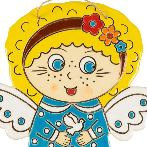 Картинка Панно декоративное Ангелочек с голубем в голубом платье керамическое авторской ручной работы КМ Ариадна КМА-ПД-82 2424680008299 фото 3