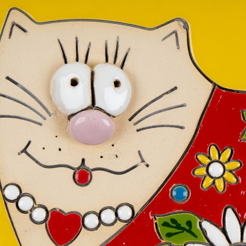 Картинка Панно Кот с цветами керамическое декоративное авторской ручной работы КМ Ариадна КМА-ПД-12 2424680005229 фото 4