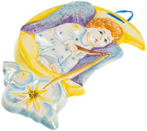 Картинка Панно Ангел на месяце с удочкой керамическое декоративное авторской ручной работы КМ Ариадна КМА-ПД-60 2424680006530 фото 3
