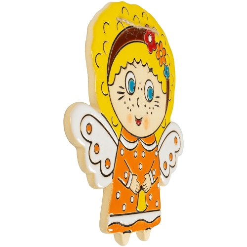 Картинка Панно декоративное Ангелочек с колокольчиком в оранжевом платье керамическое авторской ручной работы КМ Ариадна КМА-ПД-83 2424680008305 фото 2