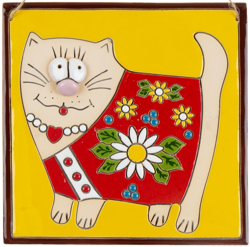 Картинка Панно Кот с цветами керамическое декоративное авторской ручной работы КМ Ариадна КМА-ПД-12 2424680005229