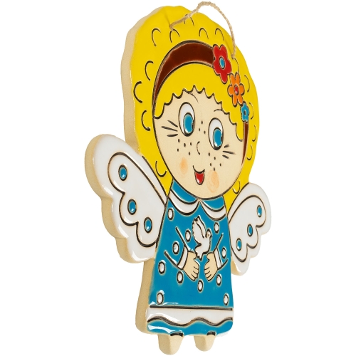 Картинка Панно декоративное Ангелочек с голубем в голубом платье керамическое авторской ручной работы КМ Ариадна КМА-ПД-82 2424680008299 фото 2