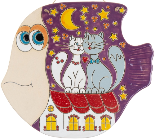 Картинка Панно БОЛЬШОЕ Рыба с котами на крыше керамическое декоративное авторской ручной работы КМ Ариадна КМА-ПД-03 2424680005137