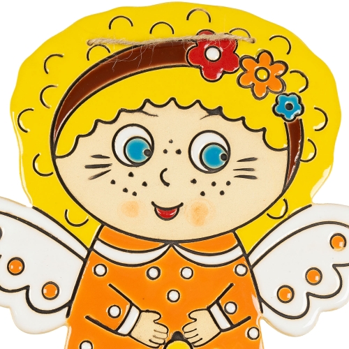 Картинка Панно декоративное Ангелочек с колокольчиком в оранжевом платье керамическое авторской ручной работы КМ Ариадна КМА-ПД-83 2424680008305 фото 3