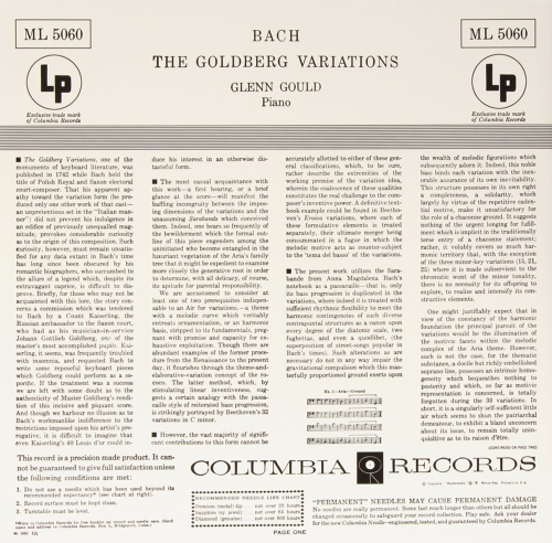 Картинка Bach The Goldberg variations Glenn Gould (1955) (LP) Sony Classical 396800 0888750910417 фото 2