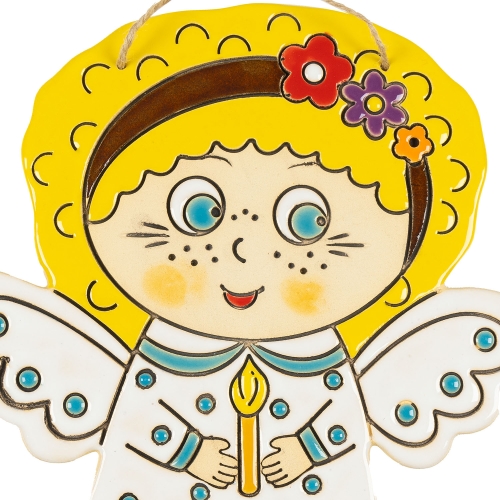 Картинка Панно декоративное Ангелочек со свечкой в белом платье керамическое авторской ручной работы КМ Ариадна КМА-ПД-81 2424680008282 фото 3