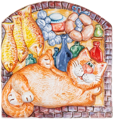 Картинка Панно Кот с рыбками керамическое декоративное авторской ручной работы КМ Ариадна КМА-ПД-17 2424680005274